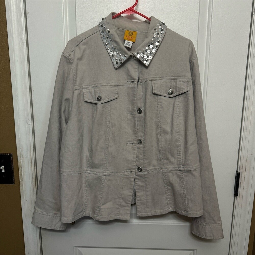 Ruby Rd. Woman Jacket Womens 24W Gray Stretch Sequin Stud Collar Button